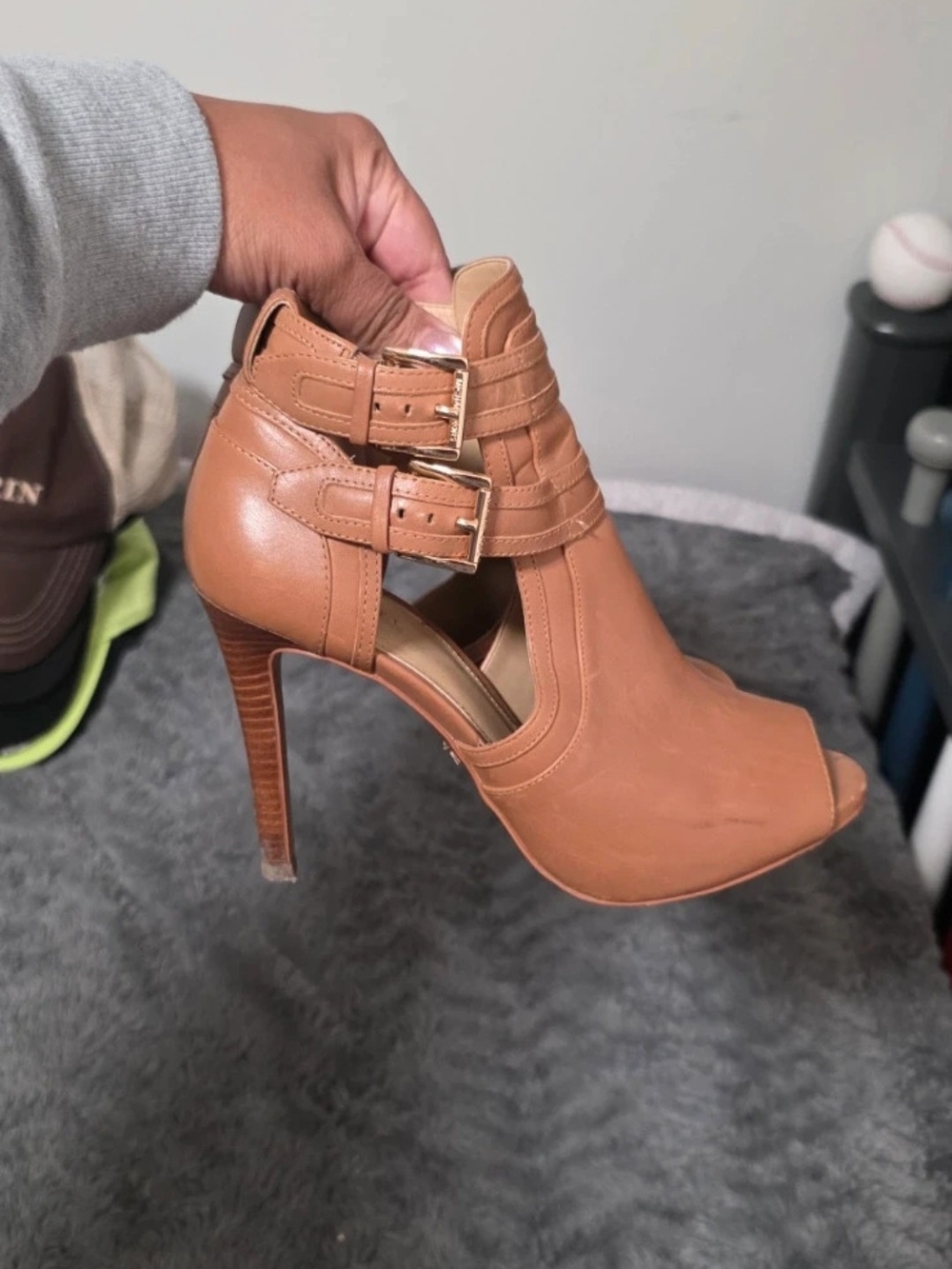 Michael Kors Cognac Peep-Toe Stiletto Bootie with Double Buckle Straps
